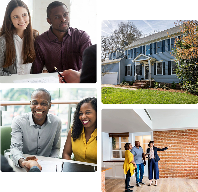 A collage of people in front of some houses