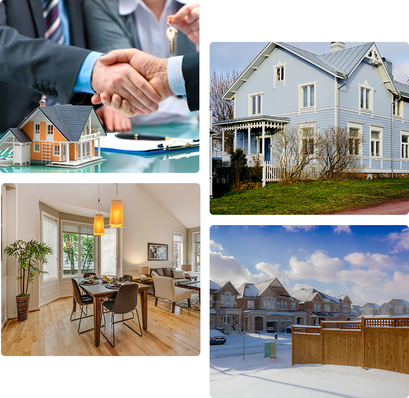 A collage of different pictures with houses and people shaking hands.