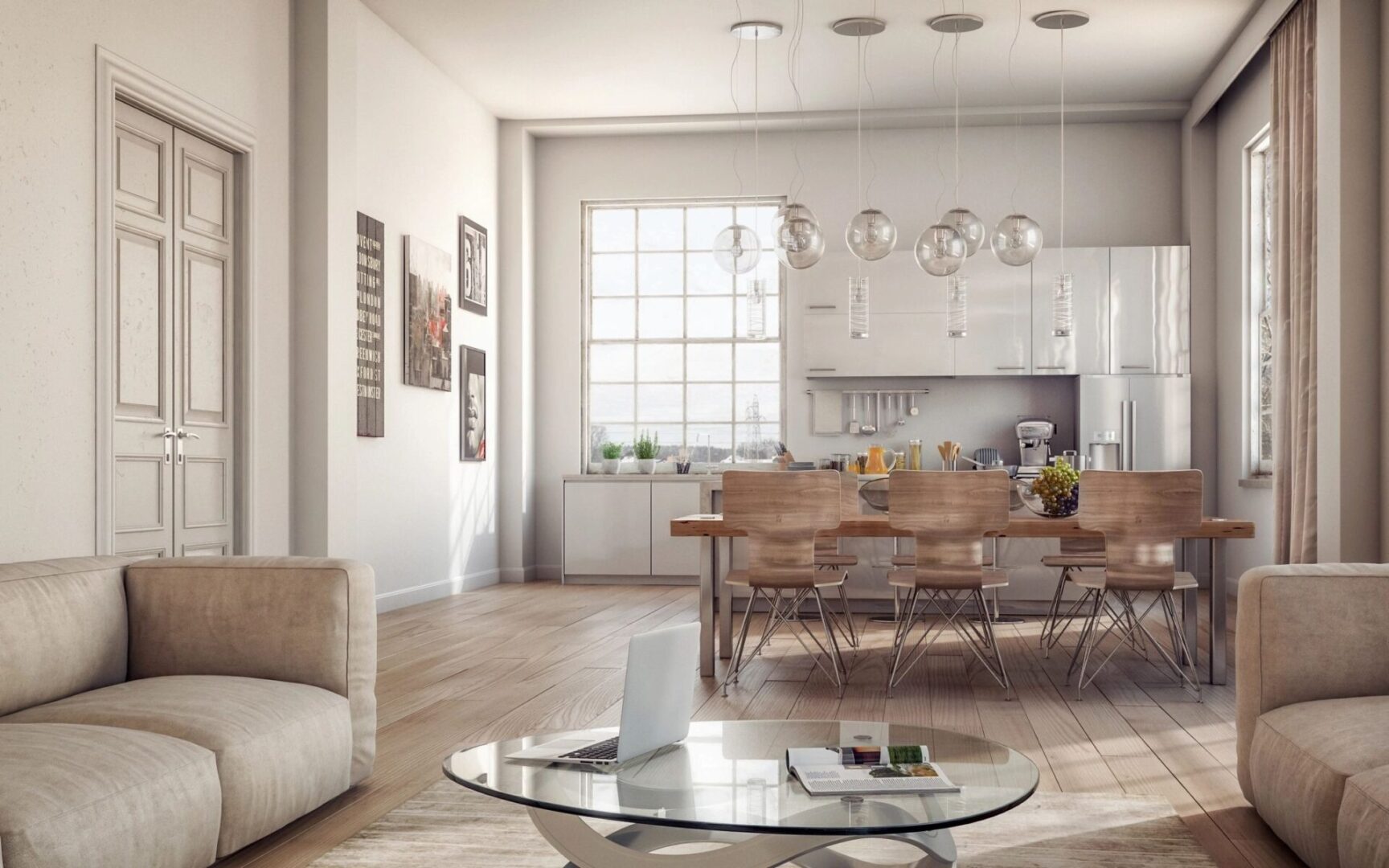 A living room with a table and chairs in it